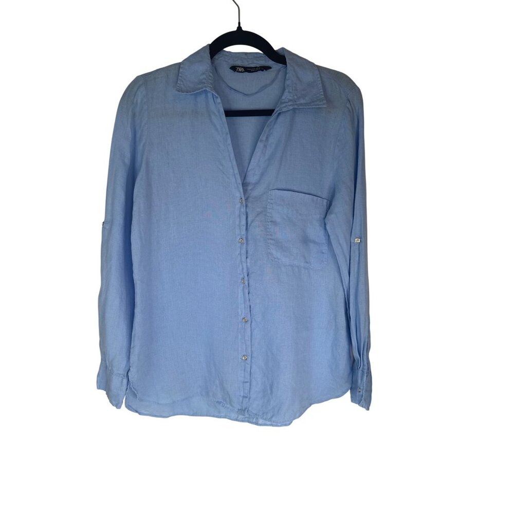 2/$30 ZARA Womens Light Blue Linen Button-Up Long Sleeve Shirt
